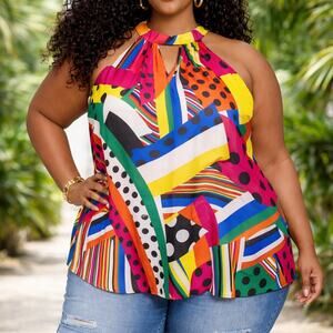 Ashley Stewart Halter Top Size 5X Sheer Flowy Colorful 80s Pop Art Maximalist